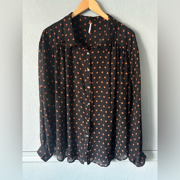 Free People | sheer | button down | brown | black | polka dot | loose fit | xl - Picture 1 of 9